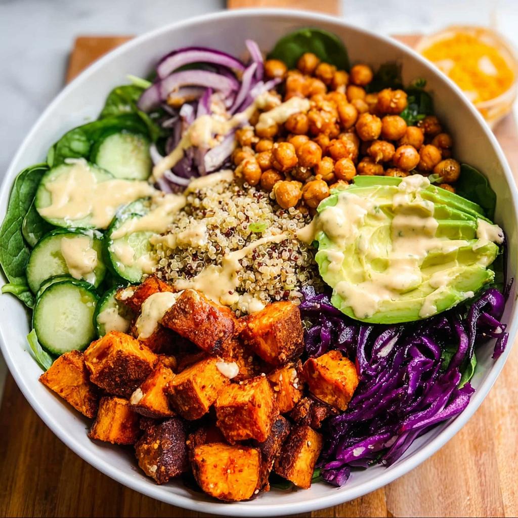 A vibrant rice bowl featuring roasted sweet potatoes, chickpeas, quinoa, avocado, cucumber, red onion, and red cabbage, drizzled with a creamy dressing.