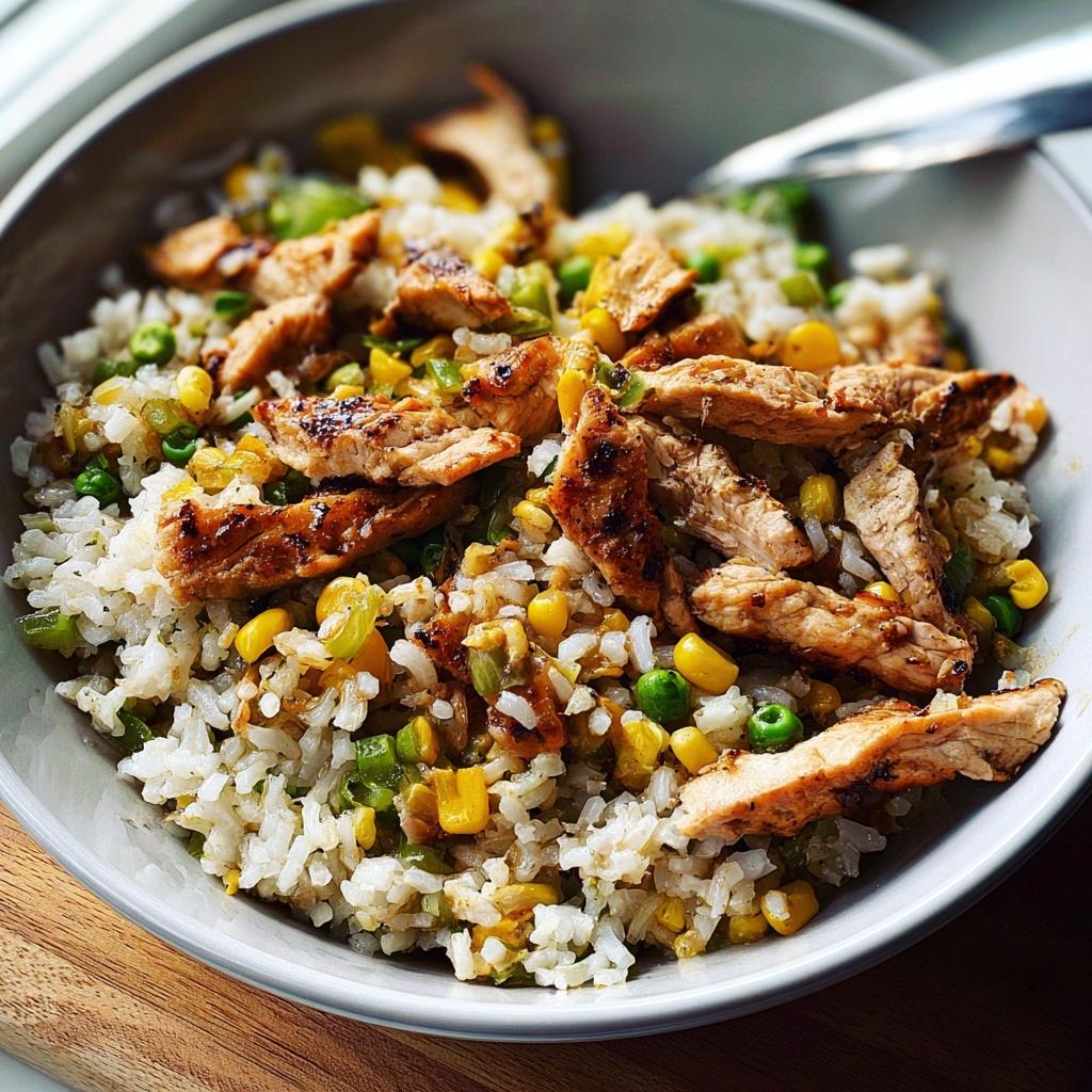 A close-up of a healthy rice bowls recipe with grilled chicken, rice, corn, peas, and green onions.