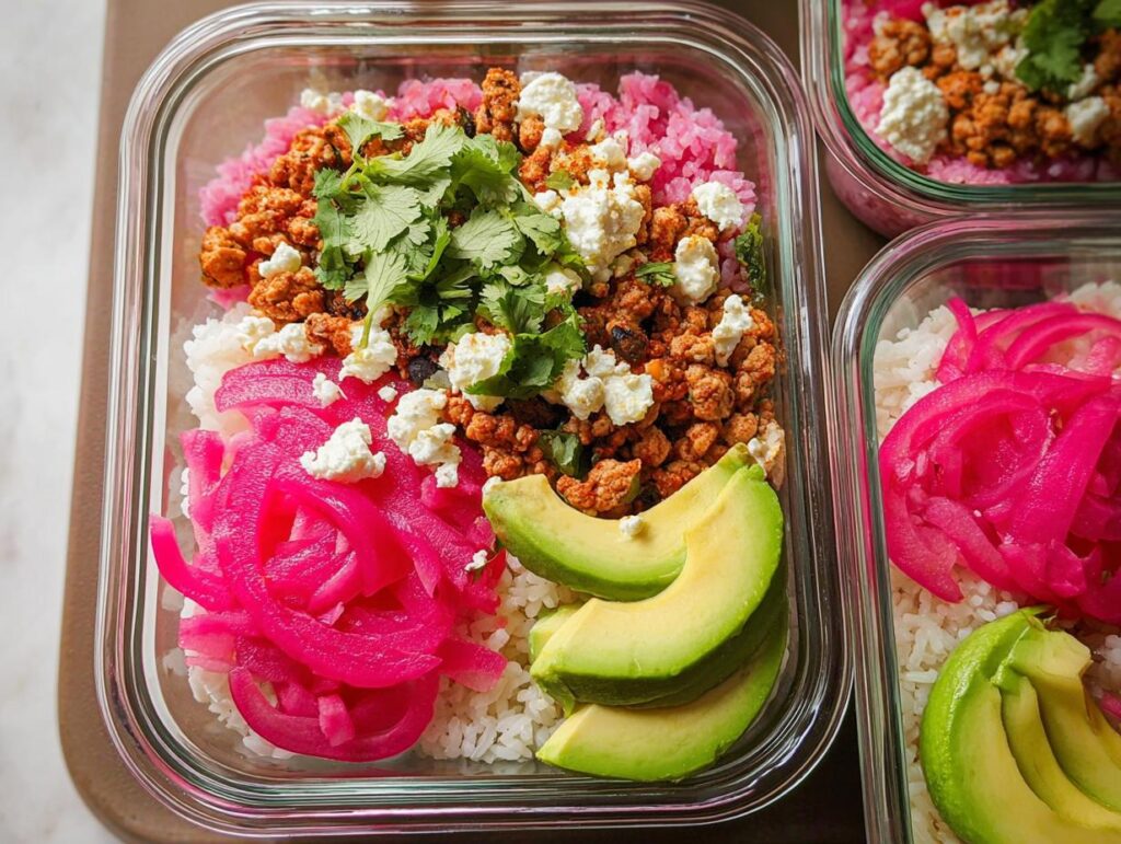 Overhead view of a meal prep container filled with rice bowls recipes: white rice, pink rice, seasoned ground meat, crumbled feta, pickled red onions, cilantro, and avocado slices.