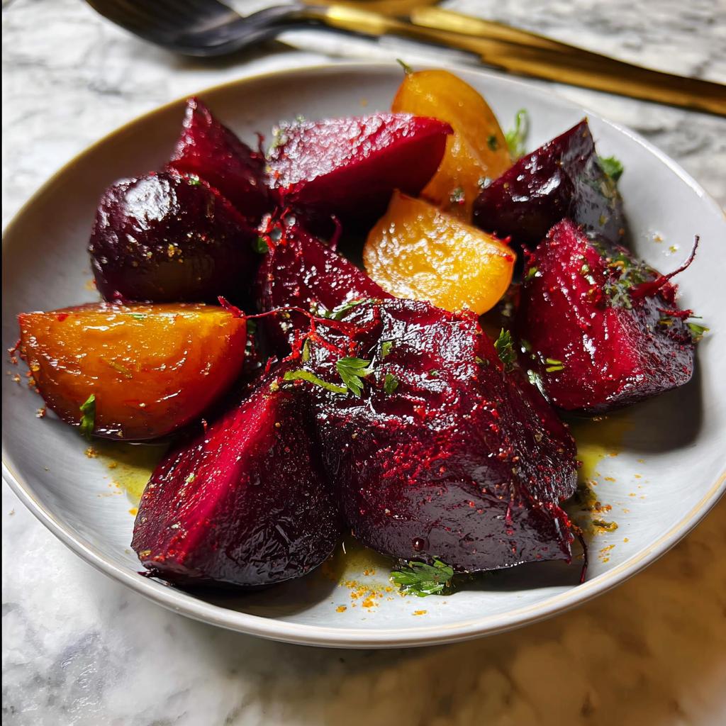 A close-up of roasted beets, a vibrant veggie side dish, glistening with dressing and sprinkled with fresh parsley.