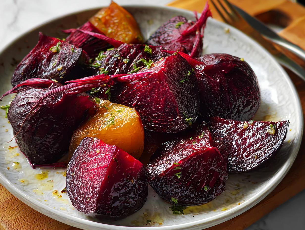 Close-up of roasted beets, a vibrant veggie sides recipe, on a white plate with herbs and olive oil.