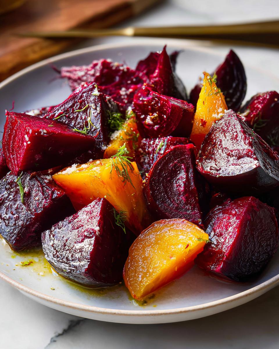 A close-up of a vibrant dish featuring roasted red and golden beets, seasoned with herbs and a light dressing, perfect for veggie sides recipes.