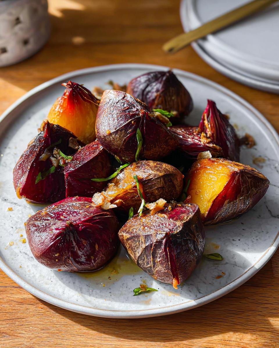 A plate of roasted beets, some whole and some halved, glistening with oil and herbs. This is a perfect example of veggie sides recipes.