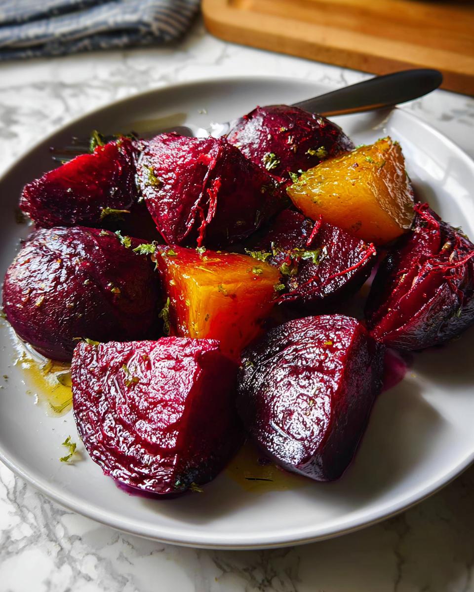 A plate of roasted beets, some whole and some halved, glistening with dressing and sprinkled with herbs.
