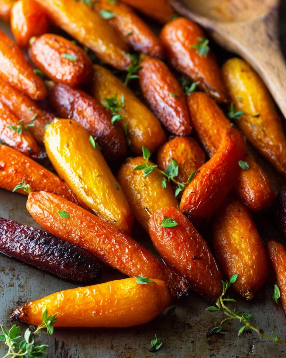 Close-up of roasted rainbow carrots with fresh thyme, perfect for veggie sides meal prep.