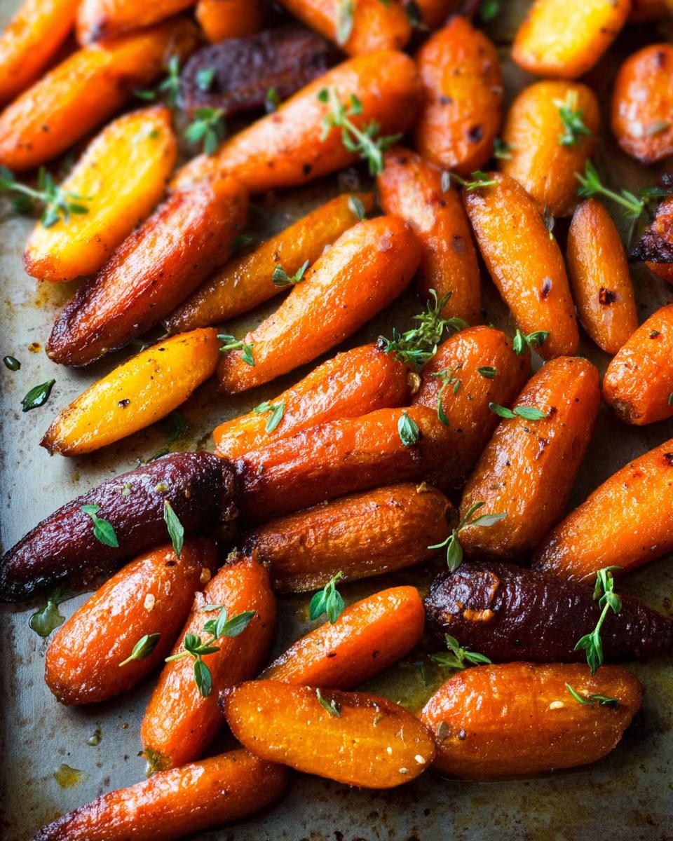 Close-up of beautifully roasted carrots, some orange and some deep purple, seasoned with herbs, perfect for veggie sides recipes.