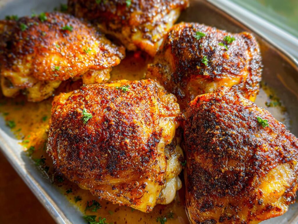 Close-up of crispy, seasoned chicken thighs roasted to perfection, glistening in their juices.