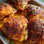 Close-up of crispy, seasoned chicken thighs roasted to perfection, glistening in their juices.