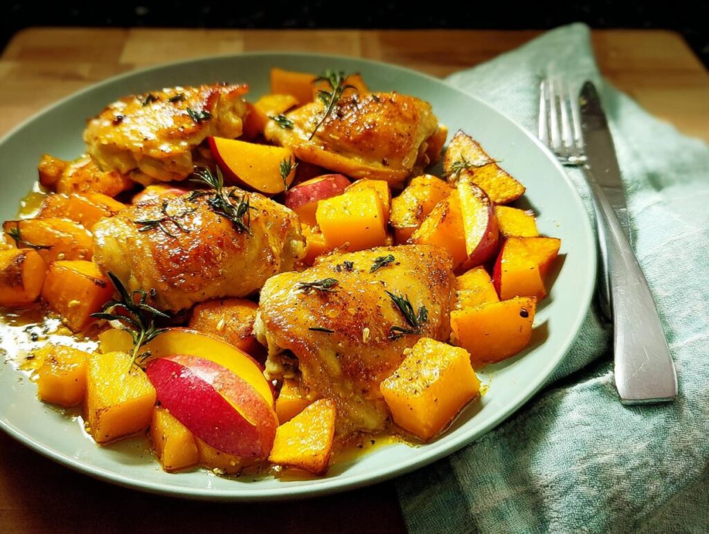 A plate of roasted chicken thighs served with cubes of butternut squash and apple slices, garnished with rosemary.