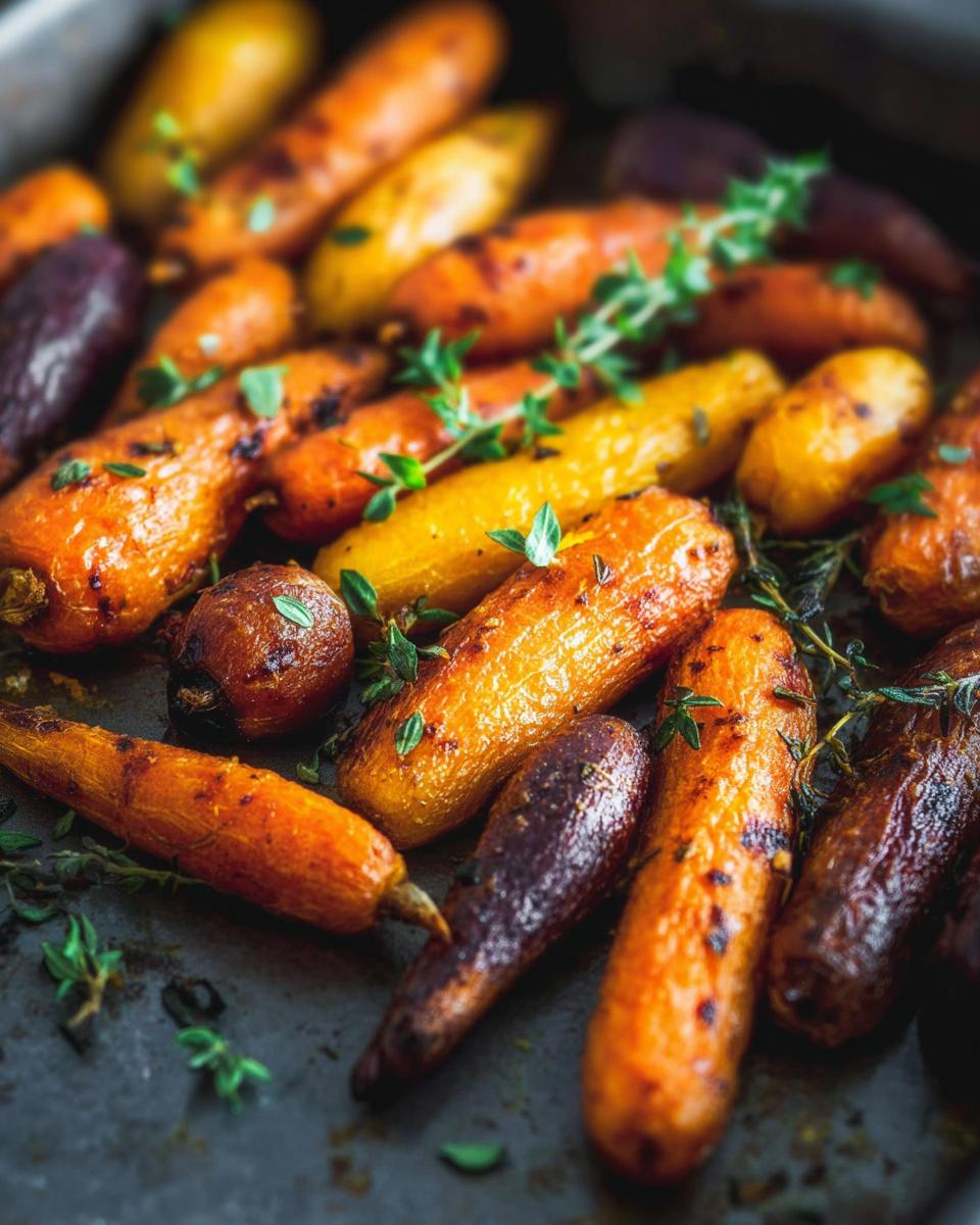 Close-up of roasted rainbow carrots with fresh thyme, perfect for veggie sides recipes meal prep.