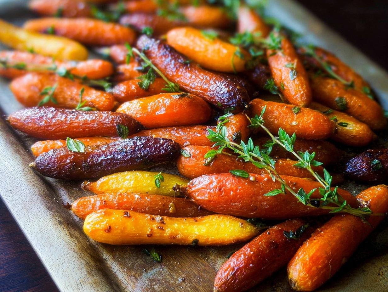 A close-up of roasted rainbow carrots, glazed and sprinkled with fresh thyme, perfect for veggie sides meal prep.