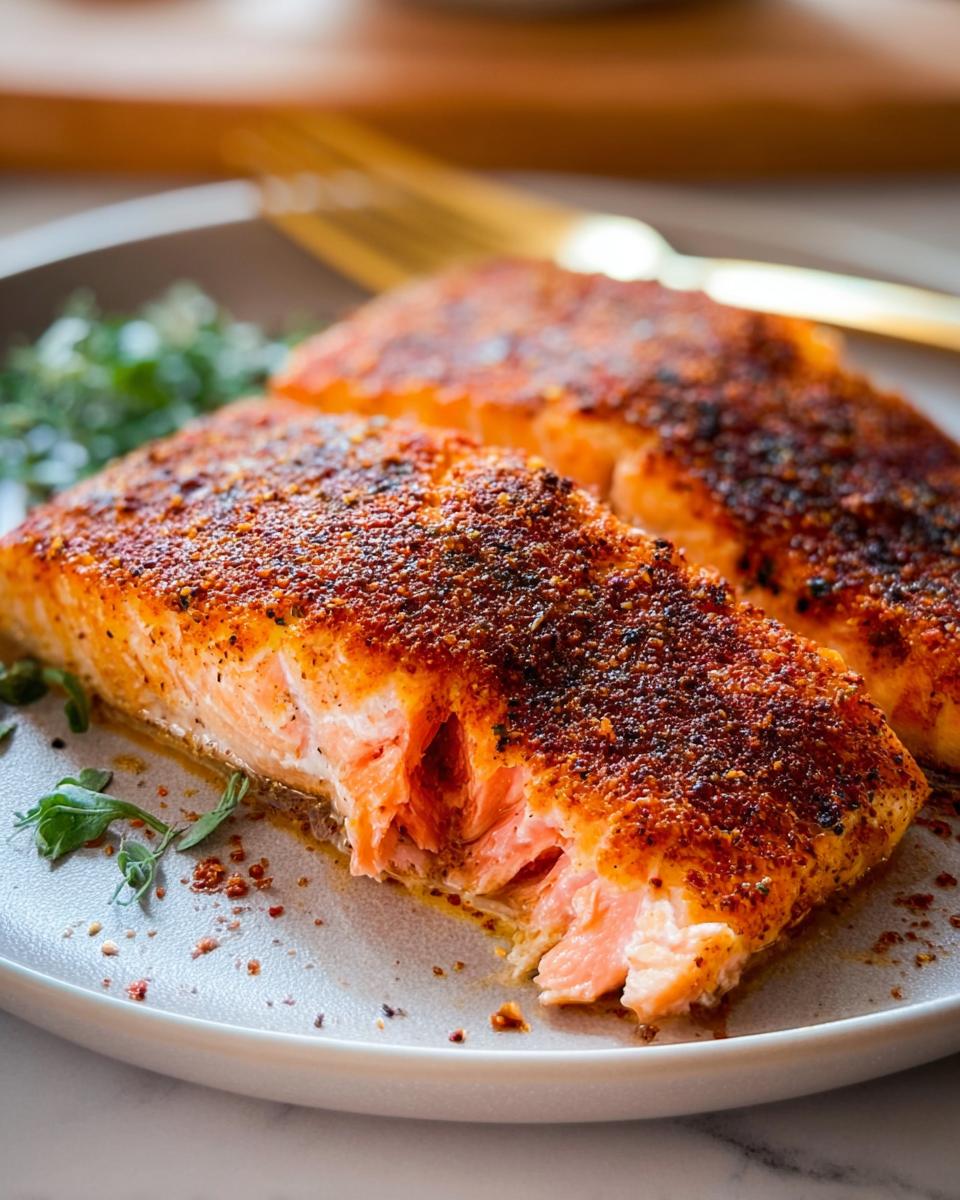 Close-up of two perfectly cooked salmon fillets with a seasoned crust, served on a plate with greens.