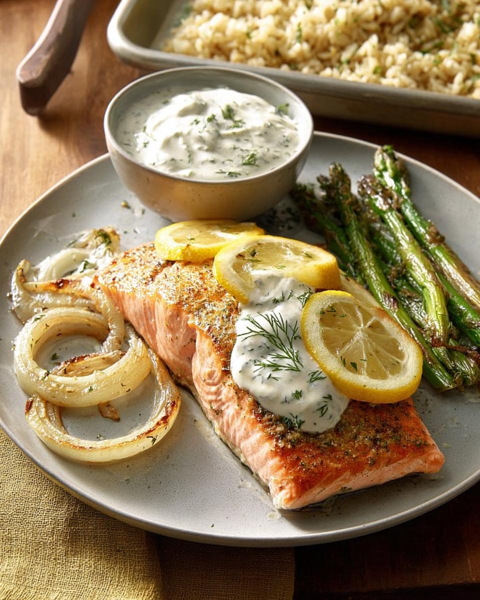 A perfectly cooked salmon fillet served with roasted asparagus, lemon slices, and a creamy dill sauce, alongside a side of rice.