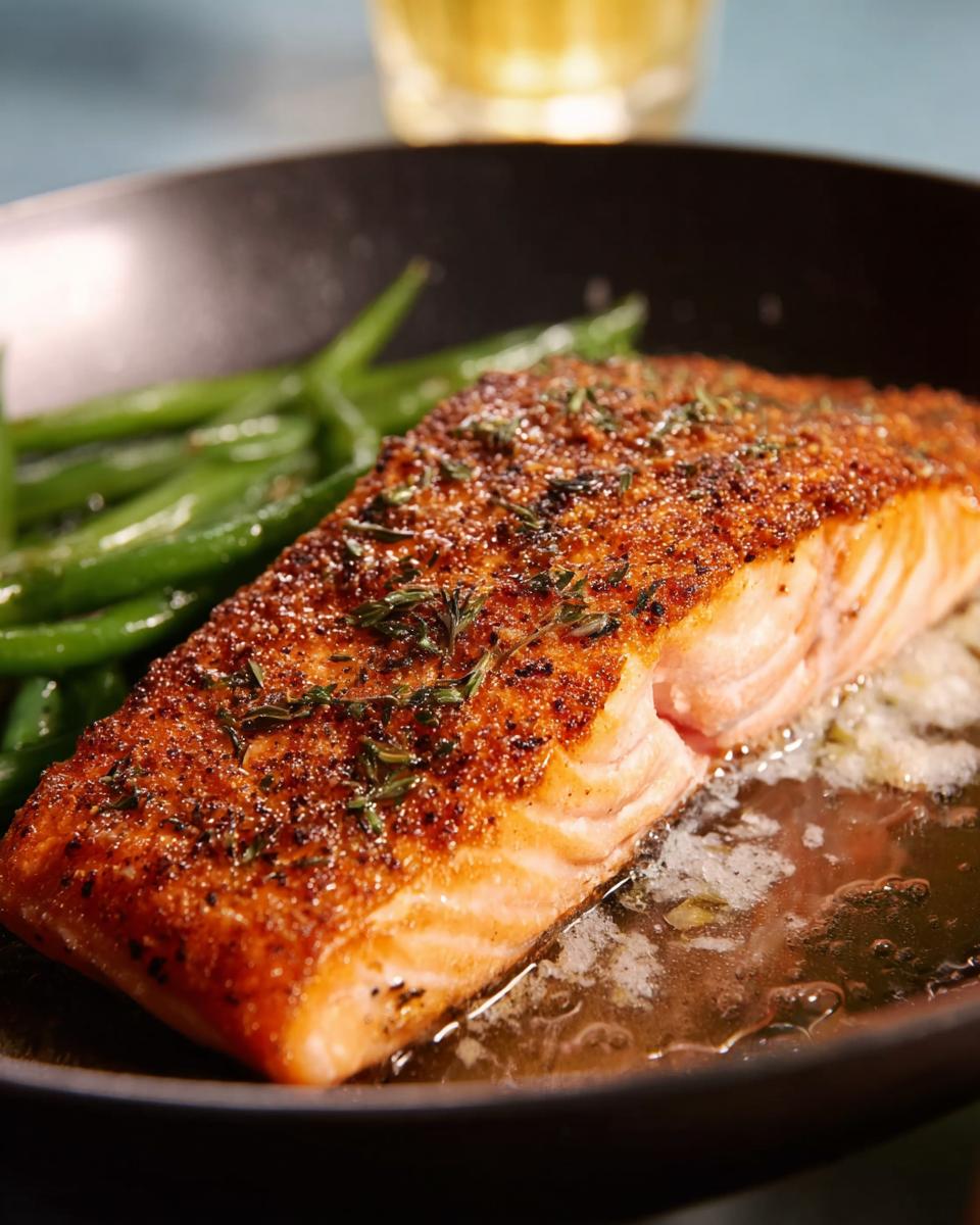 A close-up of a pan-seared salmon fillet seasoned with herbs, served with steamed green beans. This is one of The Only Salmon Recipes Recipe You’ll Need.