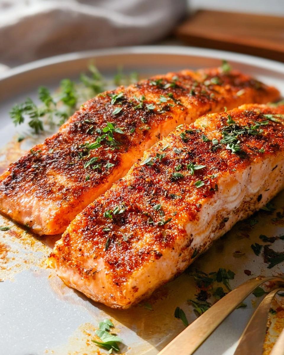 Two perfectly cooked salmon fillets seasoned with spices and fresh herbs, ready for salmon recipes.