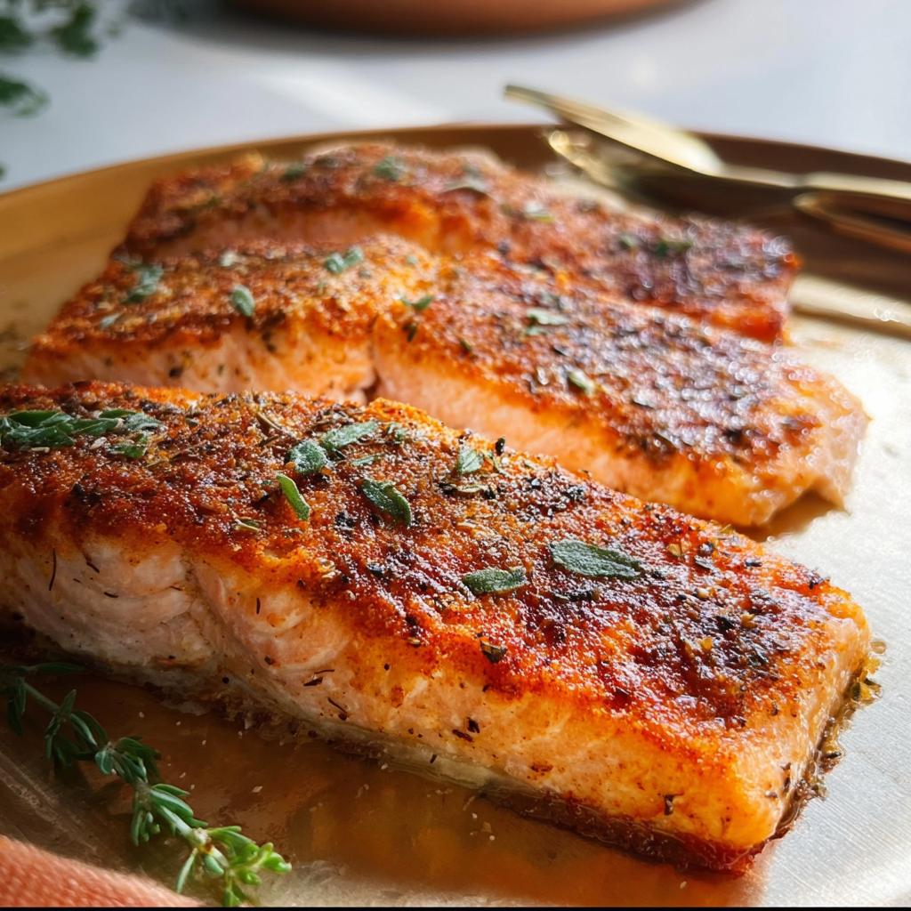 Close-up of three perfectly cooked salmon fillets seasoned with herbs and spices, ready for salmon recipes.