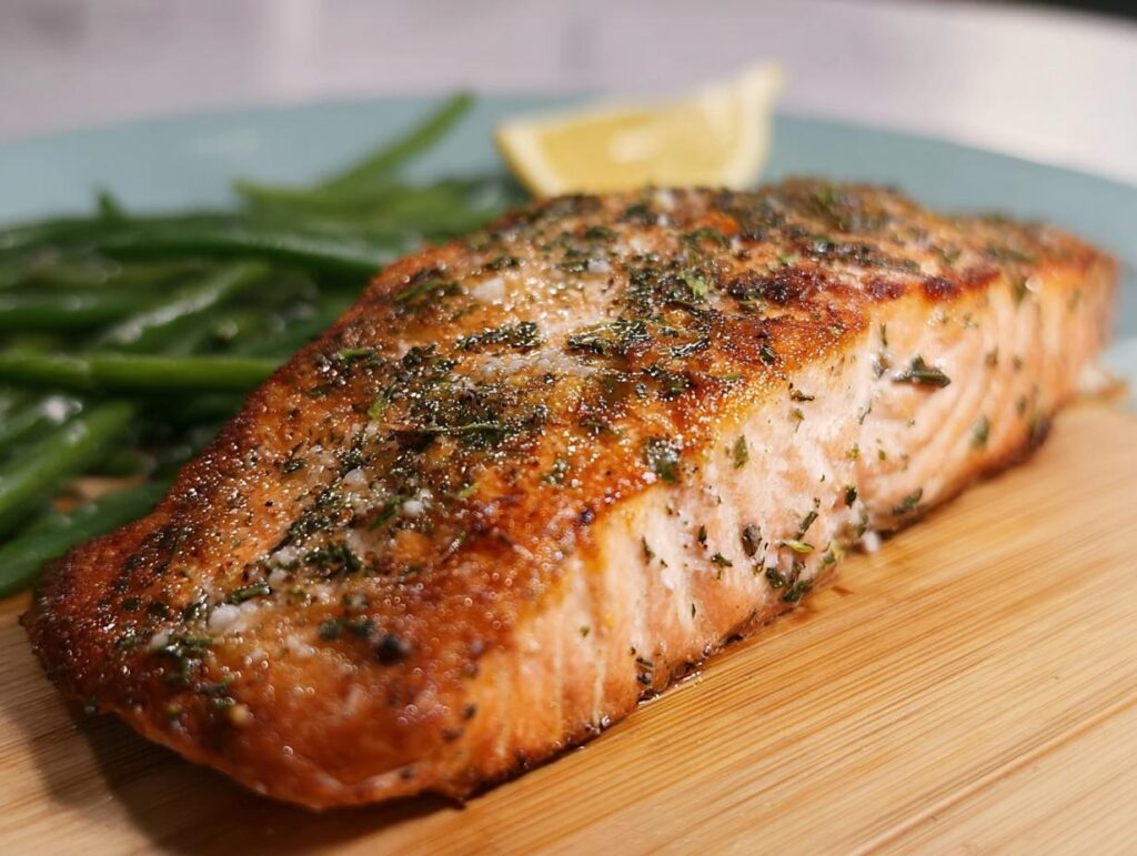 A close-up of a perfectly cooked salmon fillet, seasoned with herbs, served with steamed green beans and a lemon wedge.