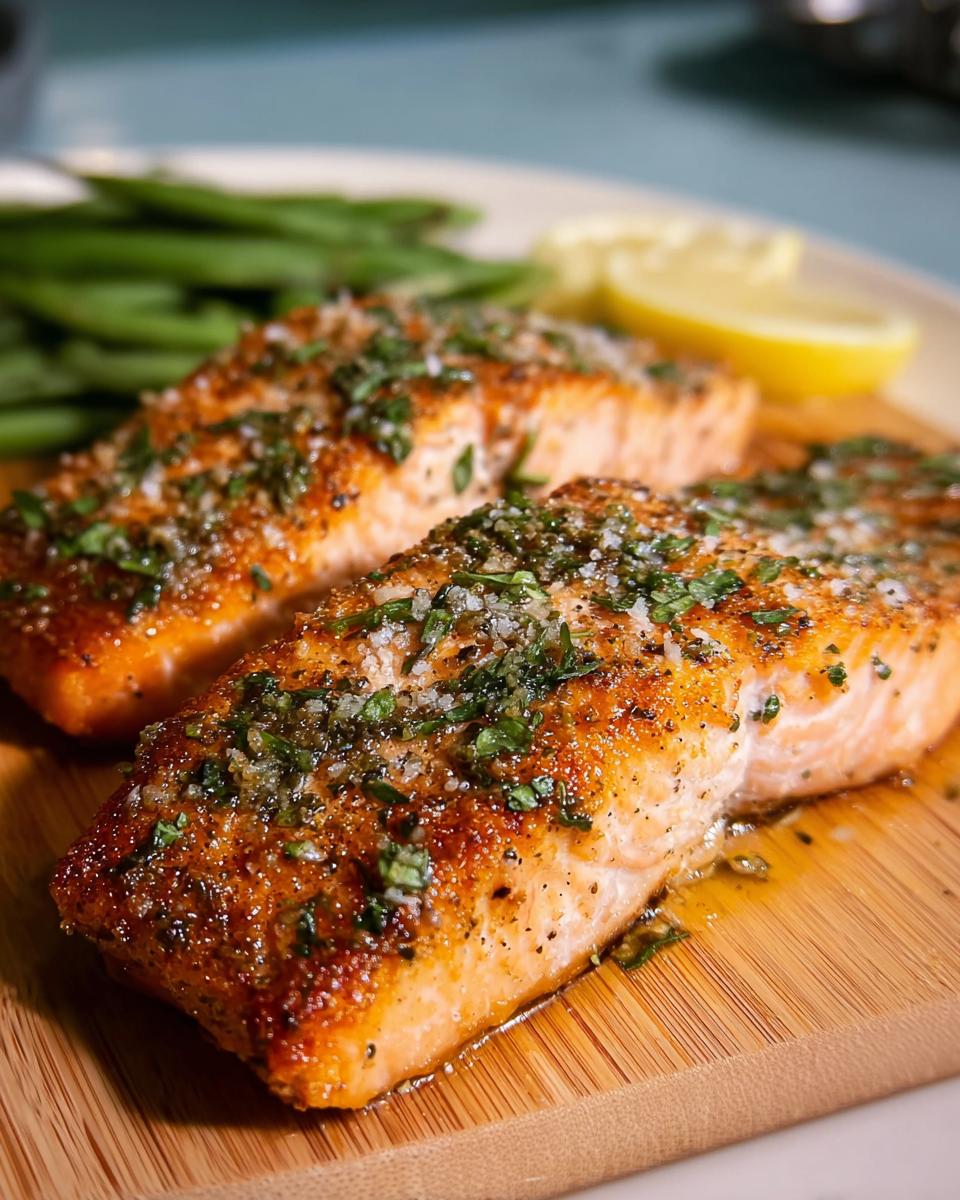 Two perfectly cooked salmon fillets seasoned with herbs and salt, served with green beans and lemon wedges.