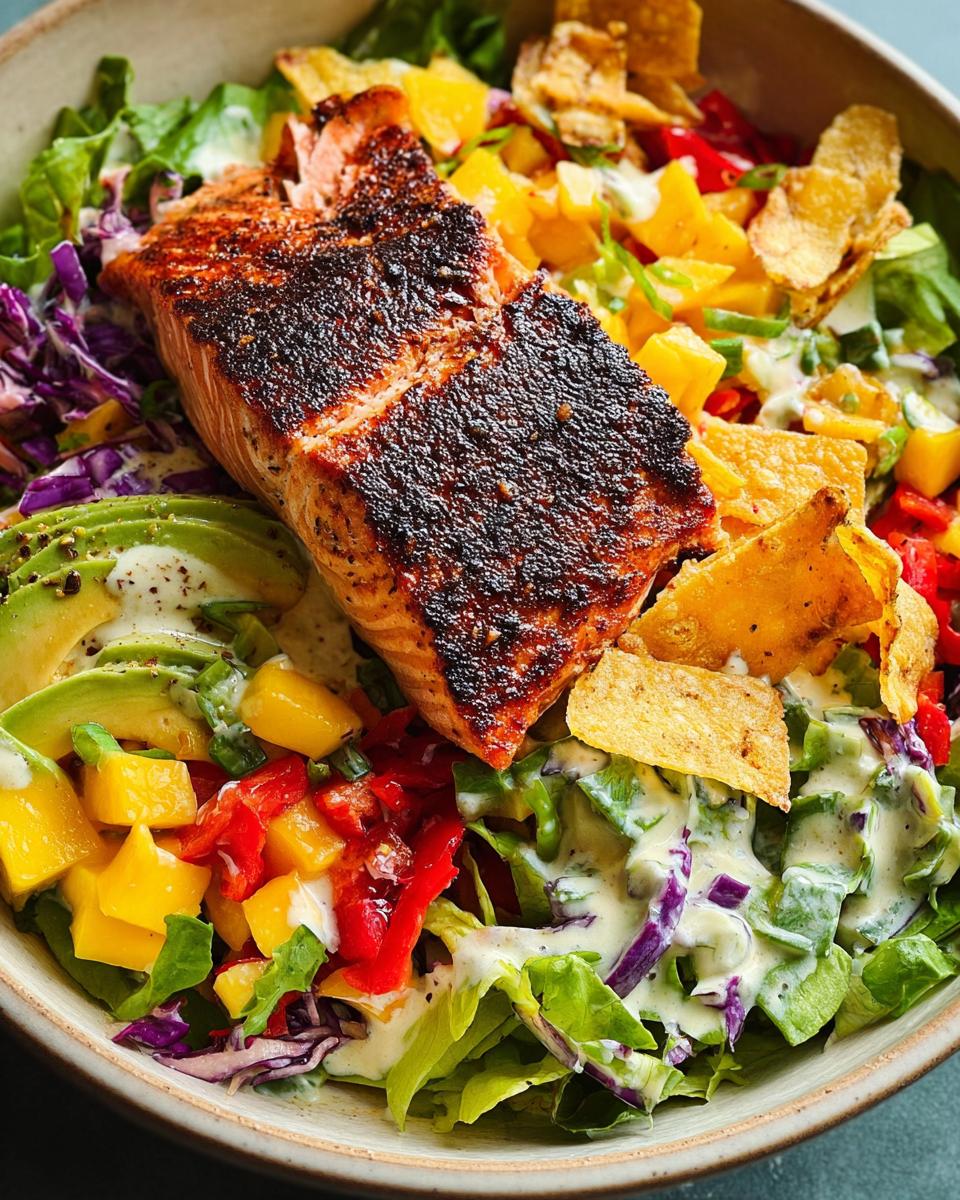 A vibrant salmon salad with a perfectly cooked salmon fillet, avocado, mango, red peppers, and tortilla chips.