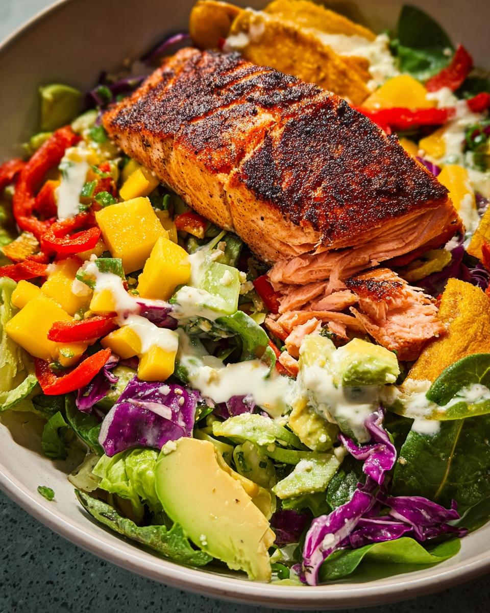 A vibrant salad with a perfectly cooked salmon fillet on top, featuring mango, avocado, red pepper, and a creamy dressing. A fast salmon recipe.