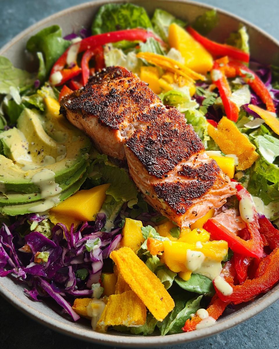 A vibrant salad with a perfectly cooked salmon fillet, avocado, mango, red cabbage, and bell peppers.