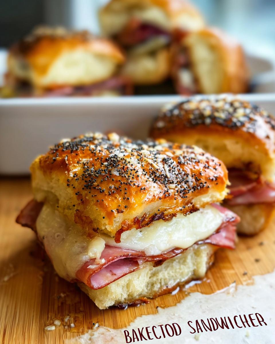 Close-up of a baked ham and cheese slider sandwich with melted cheese and poppy seed topping.