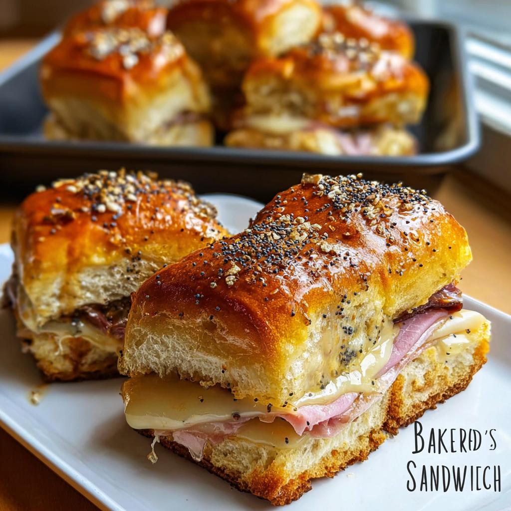 Close-up of two ham and cheese sliders with everything bagel seasoning, part of a batch of sandwich ideas.