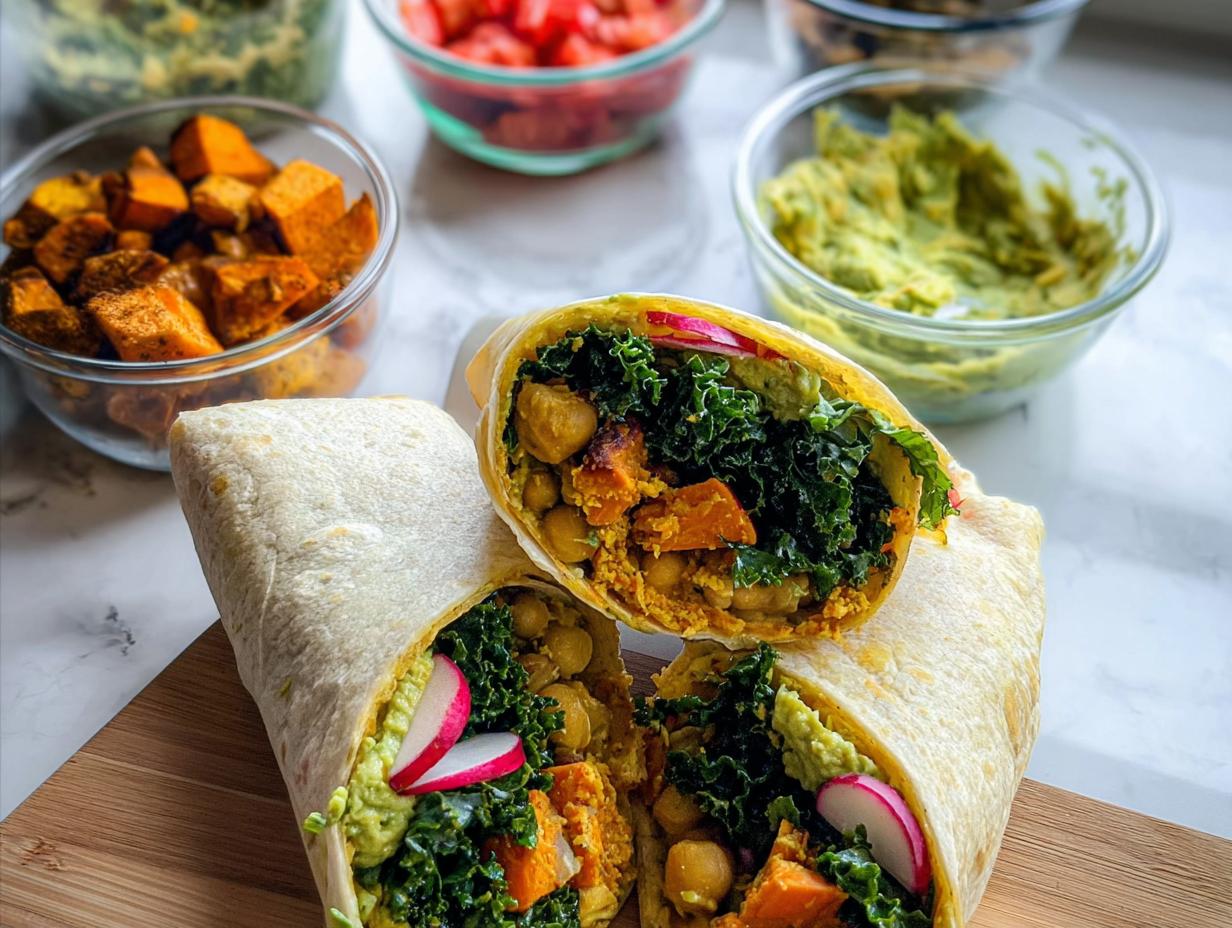 A delicious and healthy wrap, cut in half, showcasing chickpeas, kale, sweet potato, and avocado. Perfect for sandwich ideas recipes meal prep.