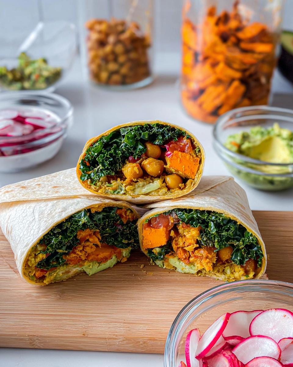 A vibrant chickpea and sweet potato wrap, cut in half, revealing layers of kale, avocado, and chickpeas. Part of Sandwich Ideas Recipes Meal Prep.