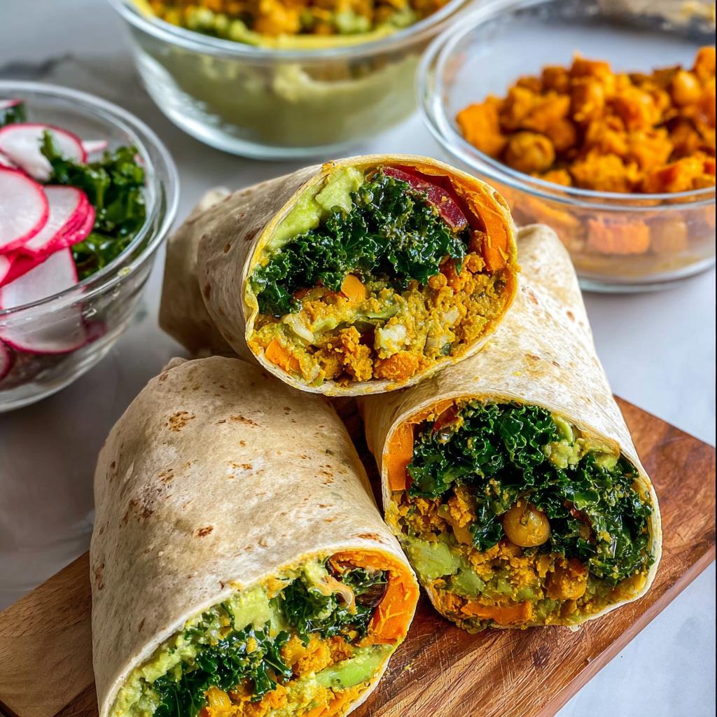 Close-up of loaded veggie wraps, showcasing layers of avocado, kale, sweet potato, and chickpeas. Perfect for sandwich ideas recipes meal prep.