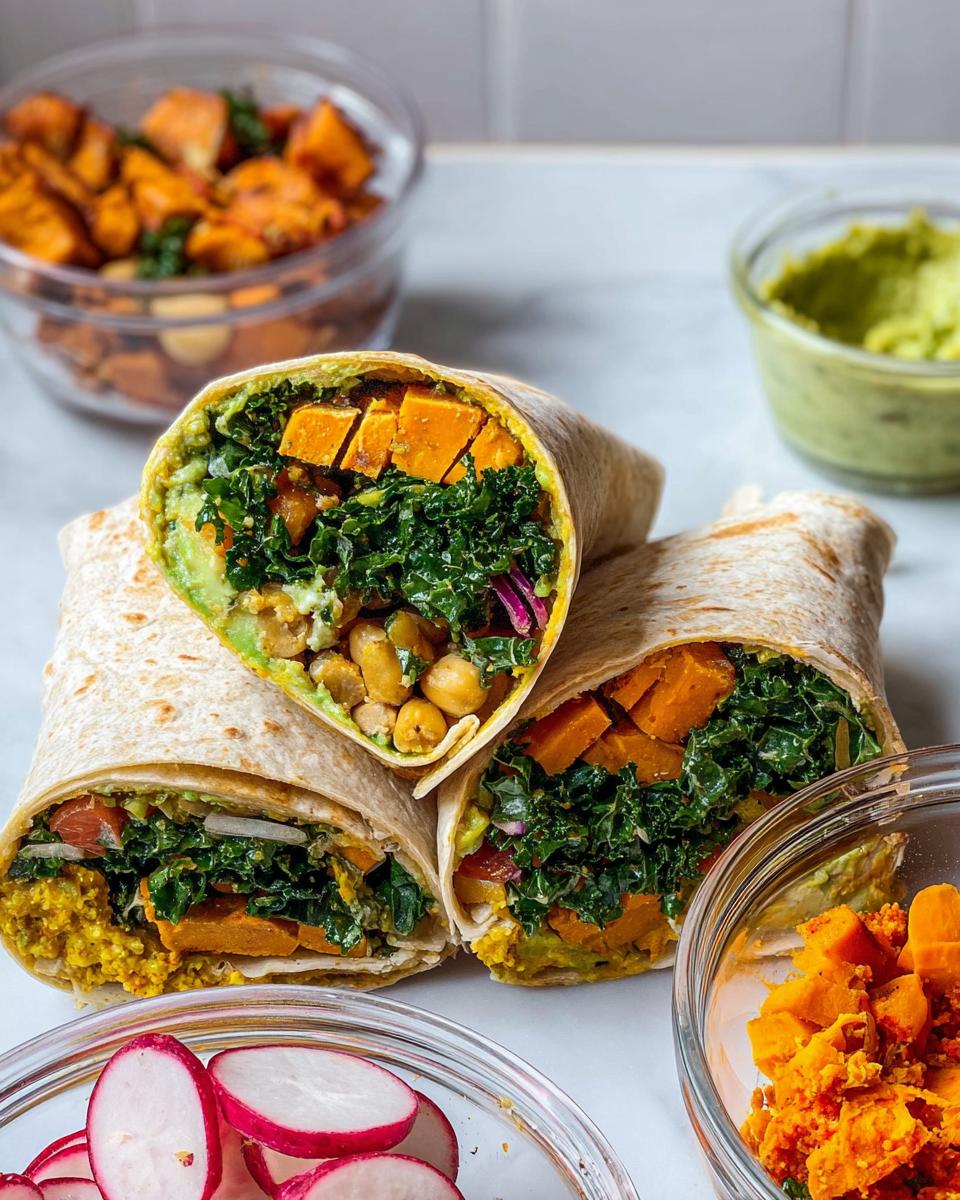 Close-up of three healthy wraps filled with sweet potatoes, kale, chickpeas, and avocado. Sandwich Ideas Recipes Meal Prep.