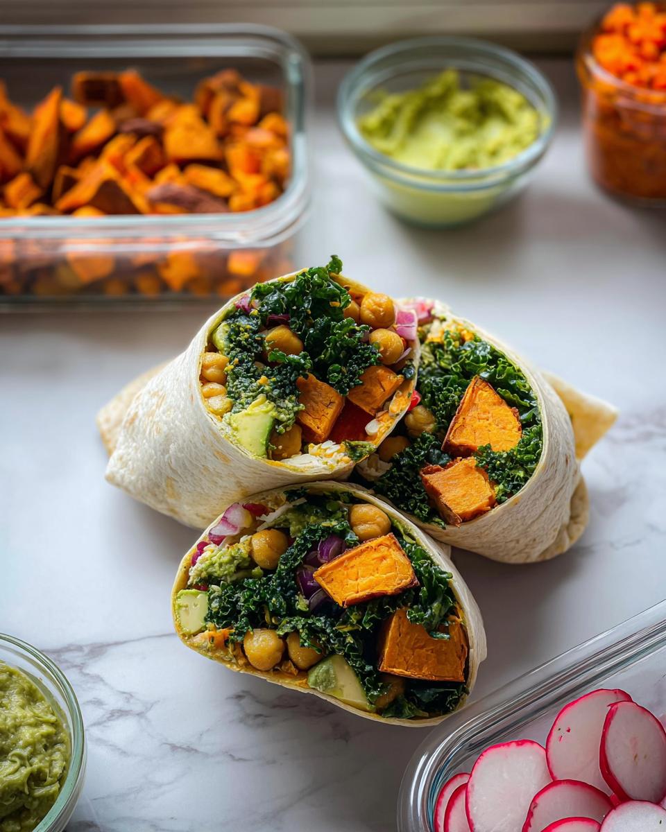 Close-up of two halves of a healthy veggie wrap, filled with sweet potato, kale, chickpeas, and avocado. Part of sandwich ideas recipes.
