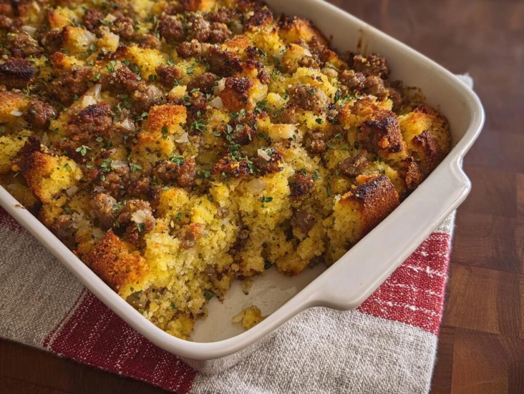 A close-up of a baking dish filled with savory sausage cornbread stuffing, garnished with fresh herbs.