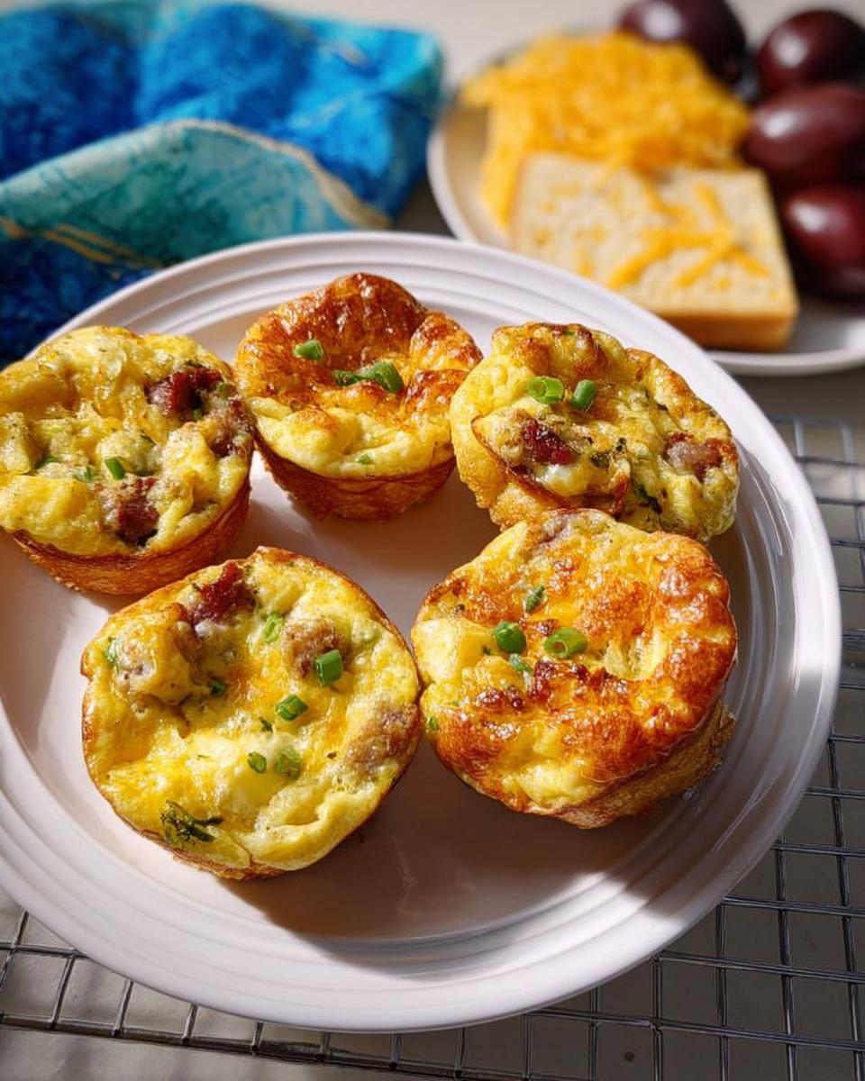 Five savory egg muffins with sausage and cheese, garnished with green onions, part of 20-Ingredient Breakfast Ideas.