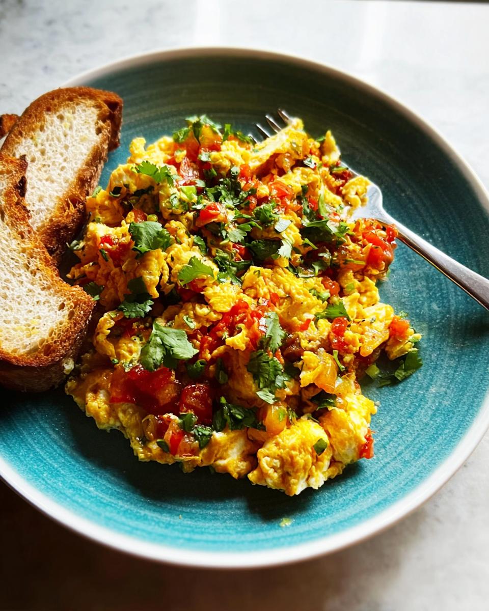 Scrambled egg recipes in 10 minutes with tomatoes, cilantro, and toast on a blue plate.