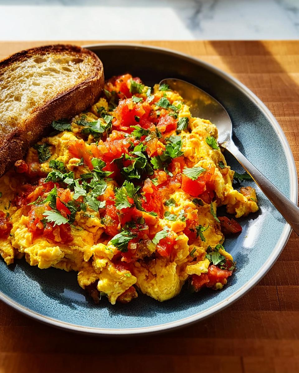 Scrambled egg recipes in 10 minutes, topped with diced tomatoes and fresh parsley, served with toast.