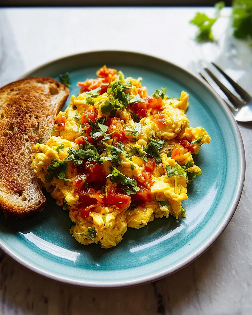 Scrambled eggs with tomatoes and cilantro, served with toast, a quick and easy egg recipe.