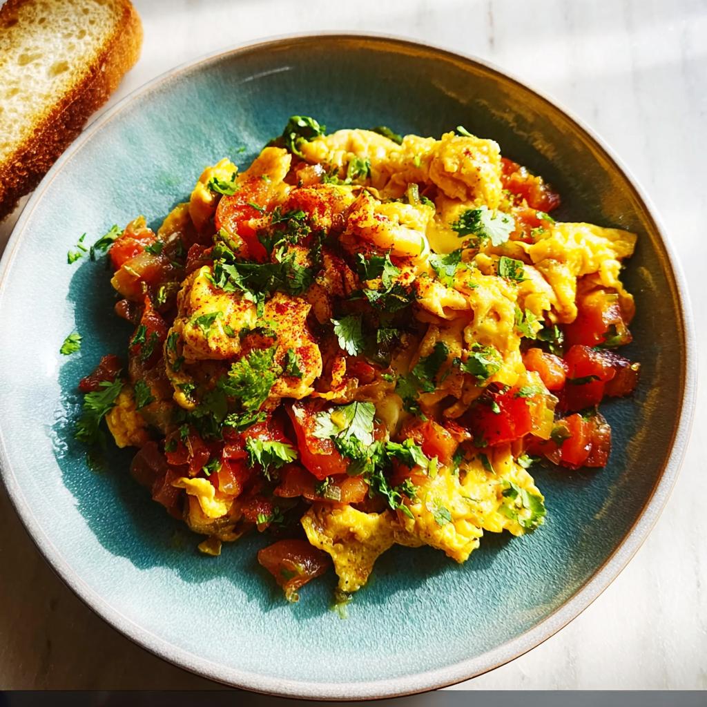 Scrambled eggs with diced tomatoes and fresh parsley, served with a slice of toast. A quick egg recipe.
