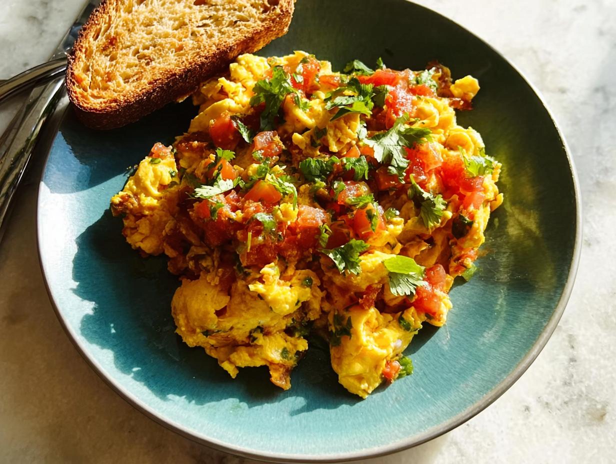 Scrambled eggs with diced tomatoes and cilantro, served with toast. A quick and easy egg recipe.
