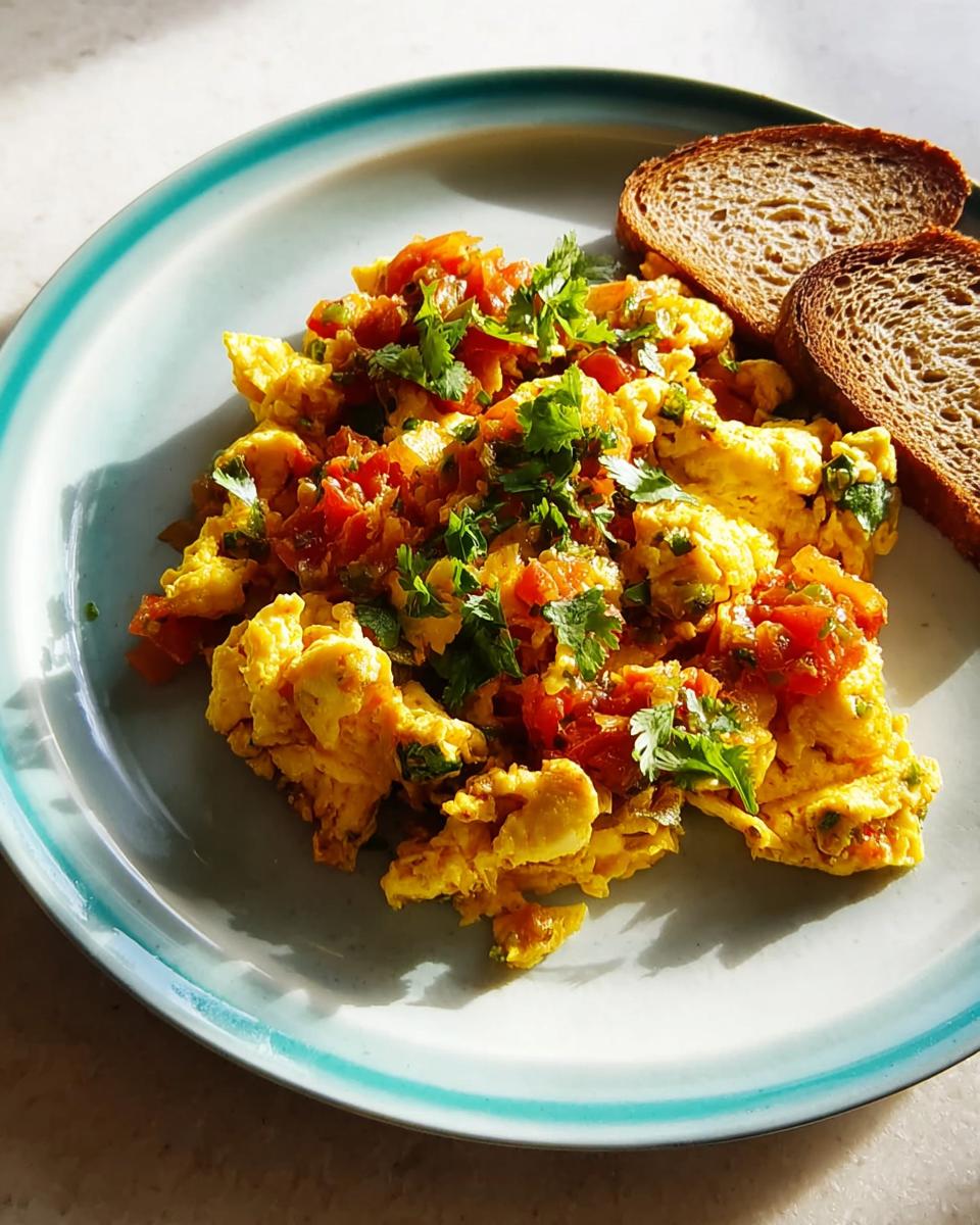 Scrambled eggs with tomatoes and cilantro, served with toast, a perfect example of egg recipes in 10 minutes.