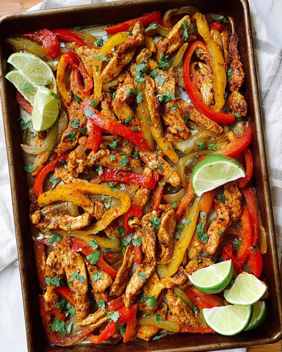A colorful sheet pan filled with seasoned chicken strips, bell peppers, and onions, garnished with lime wedges and cilantro. A perfect chicken recipe for busy weeknights.