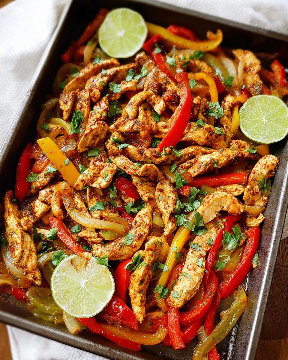 Sheet pan chicken fajitas with colorful bell peppers, onions, and lime wedges, seasoned and garnished with cilantro.