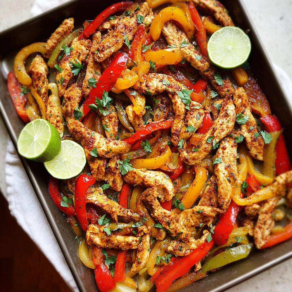 Sheet pan chicken fajitas with colorful bell peppers, onions, and lime wedges, a quick and easy chicken recipe.