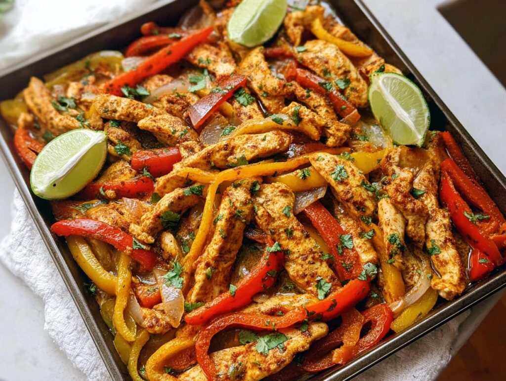 A close-up of a sheet pan filled with colorful chicken fajitas, featuring sliced chicken breast, red, yellow, and orange bell peppers, and onions, garnished with lime wedges and cilantro.