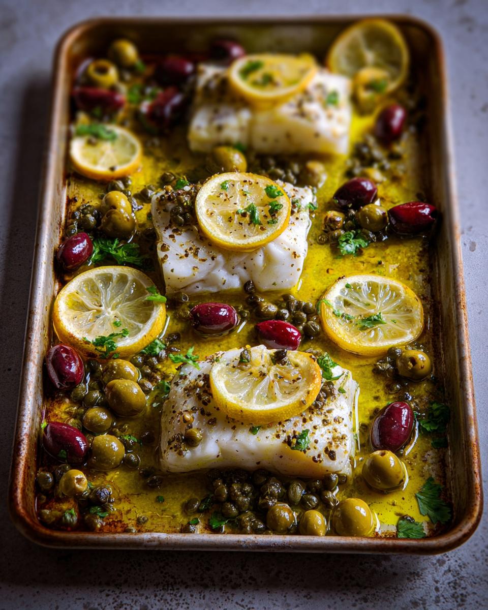 Sheet pan of baked white fish fillets with lemon slices, olives, and capers, seasoned with herbs.