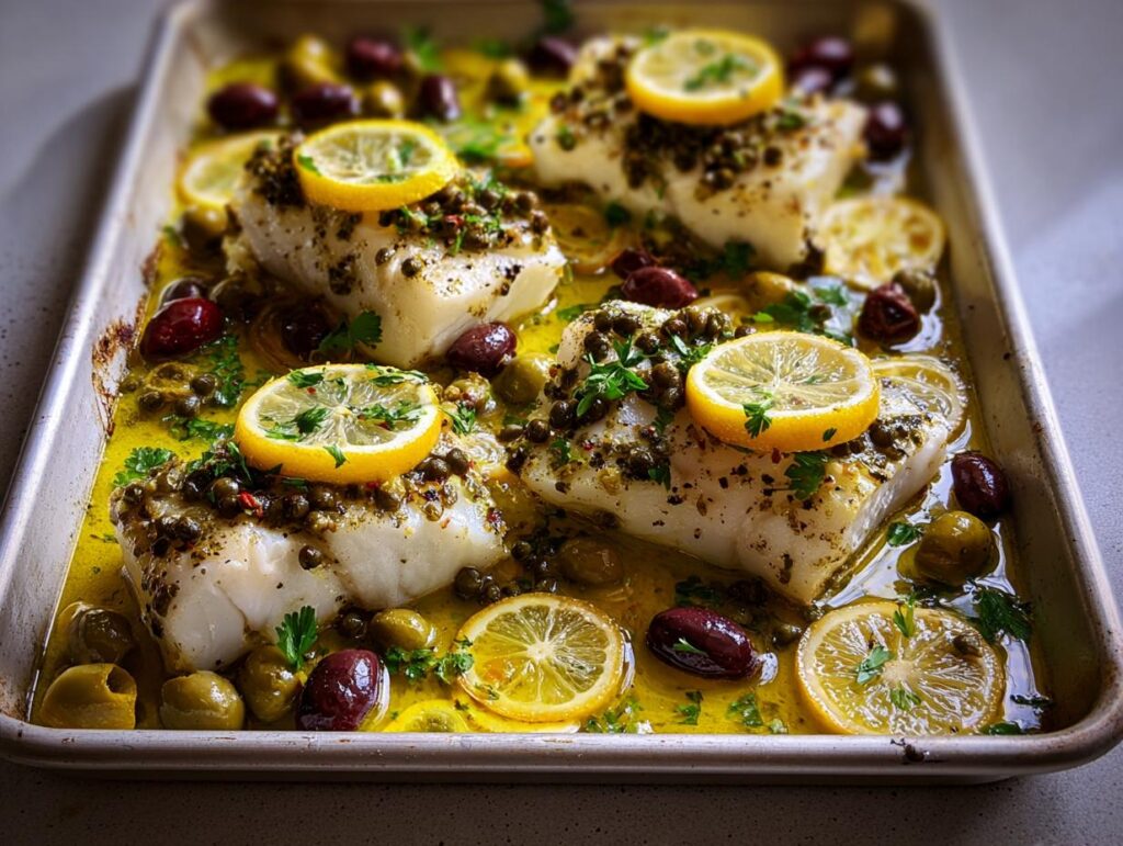 Four fillets of white fish baked on a sheet pan with lemon slices, olives, capers, and herbs.
