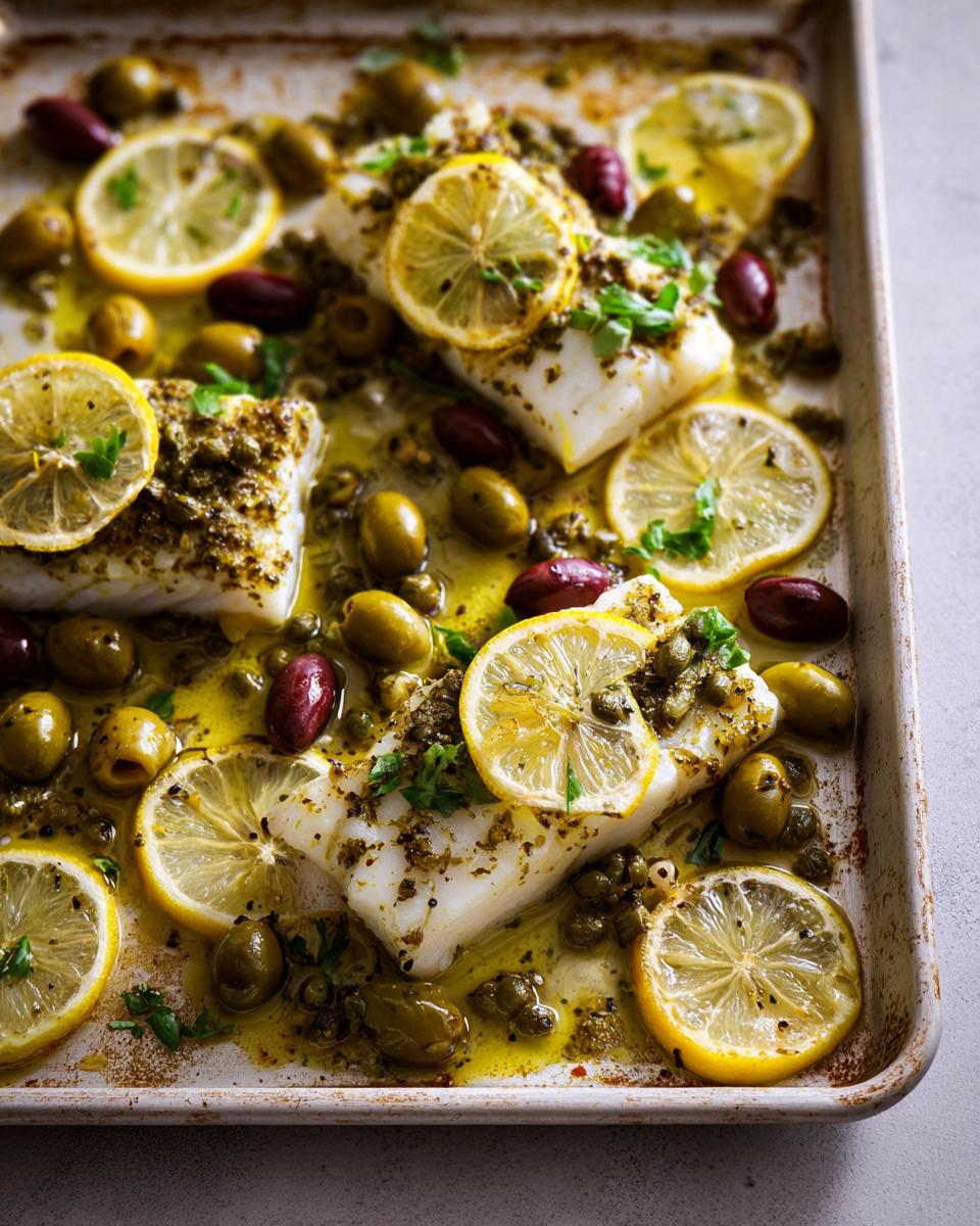 Sheet pan lemon herb fish with olives and capers, a delicious veggie side dish idea.