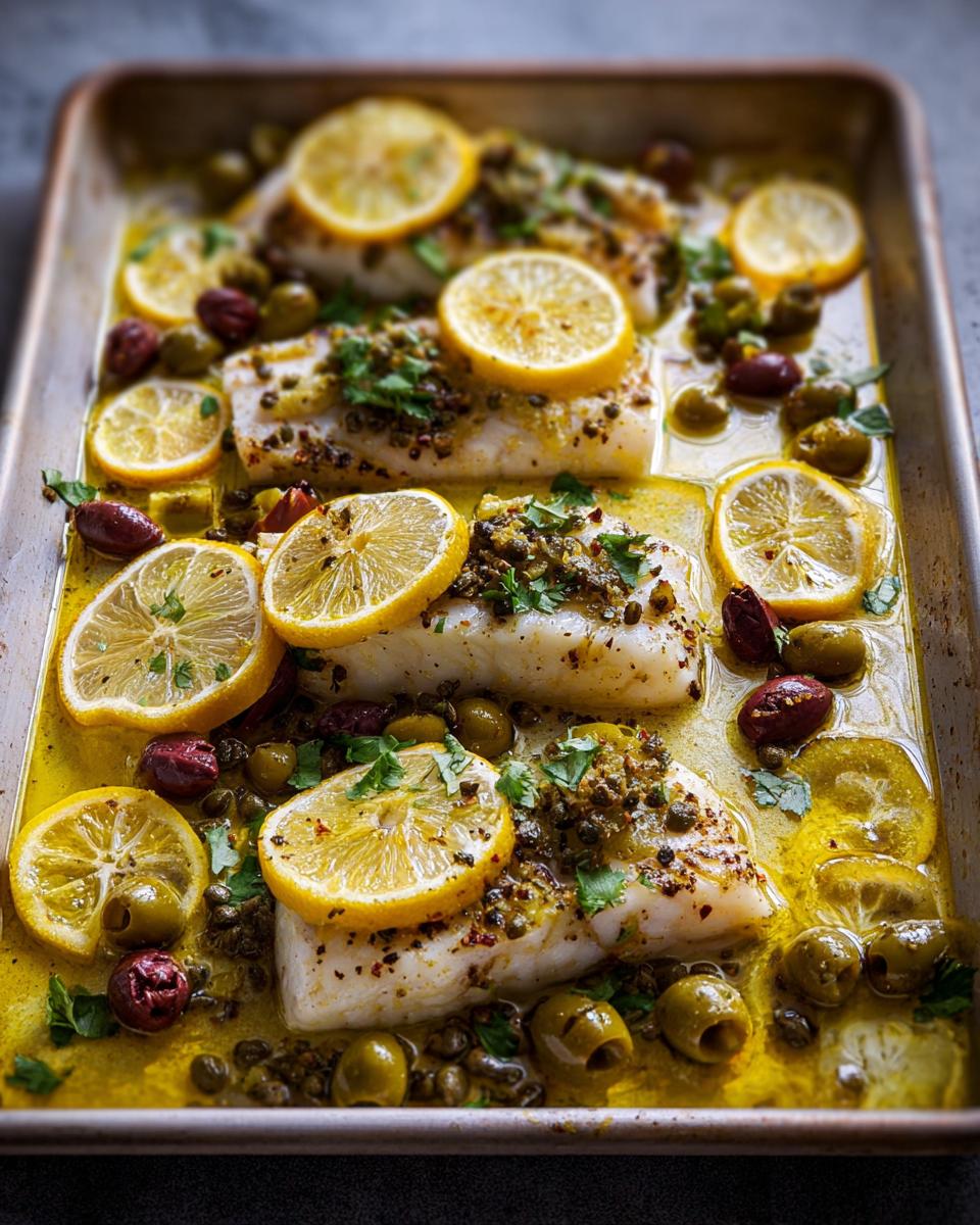 Sheet pan lemon herb fish with olives and capers, a quick and easy veggie side.