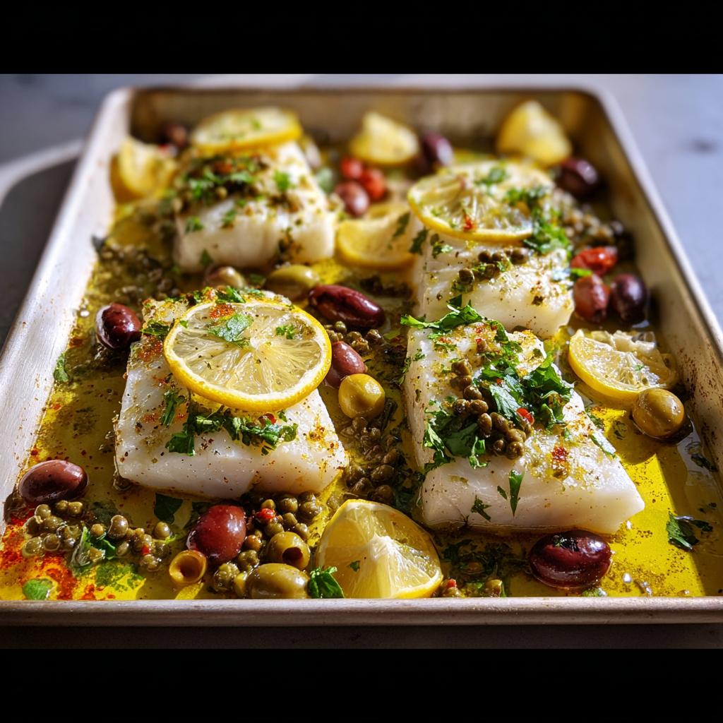 Four fillets of white fish baked on a sheet pan with olives, capers, lemon slices, and herbs.