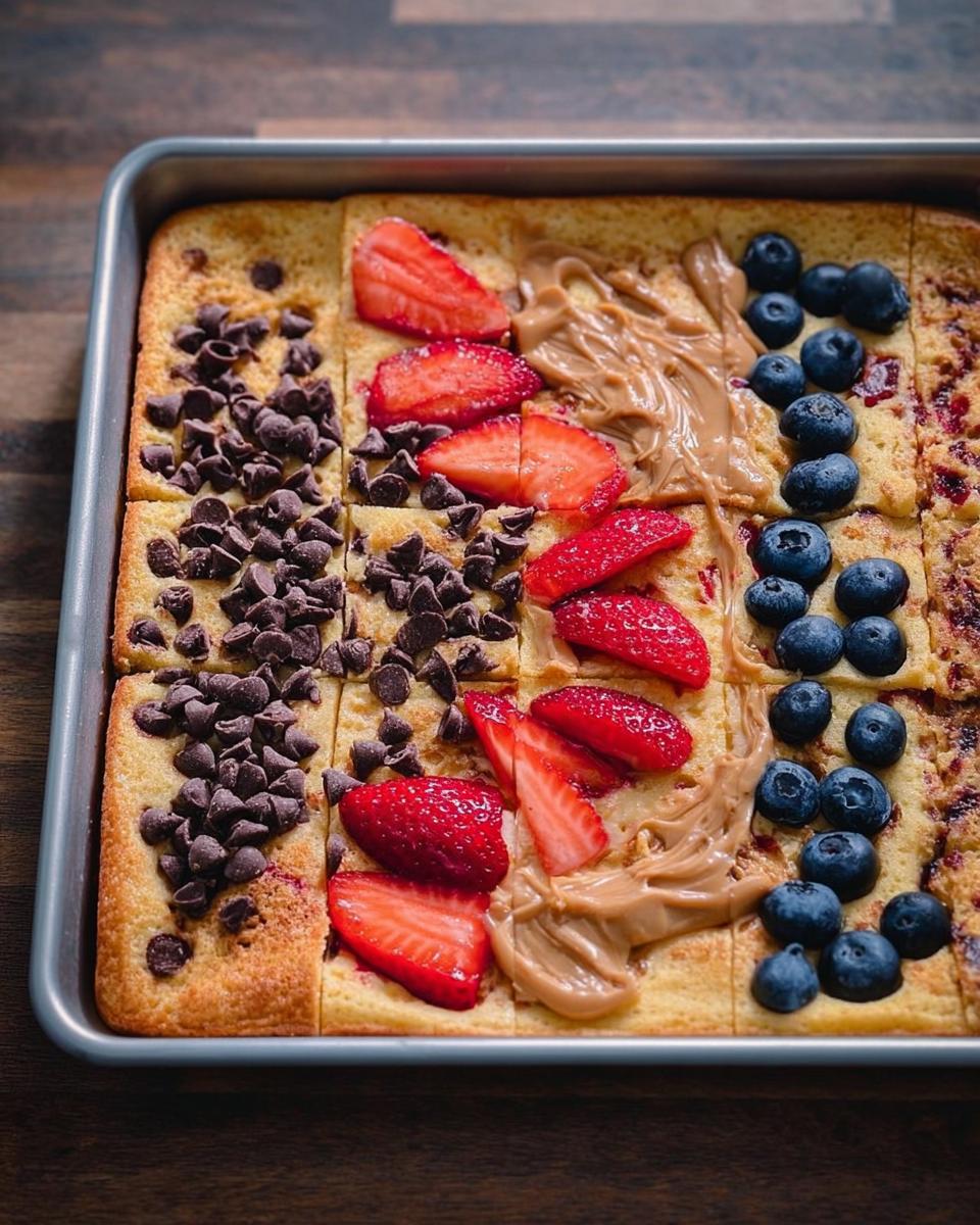 A sheet pan of pancakes cut into squares, topped with chocolate chips, strawberries, peanut butter, and blueberries. A great 10-ingredient breakfast idea.